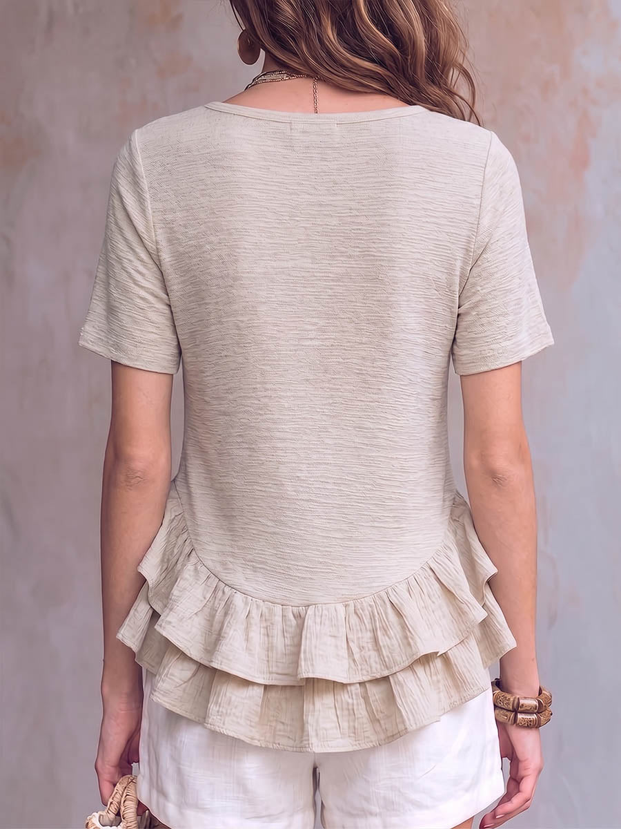 Women's Solid-color Crew Neck Short-sleeve Casual Loose Cotton-linen Top