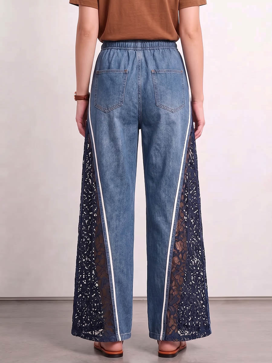 Women's Casual Loose-fit Wide-leg Denim Pants With Elastic Drawstring Waist And Lace Paneling