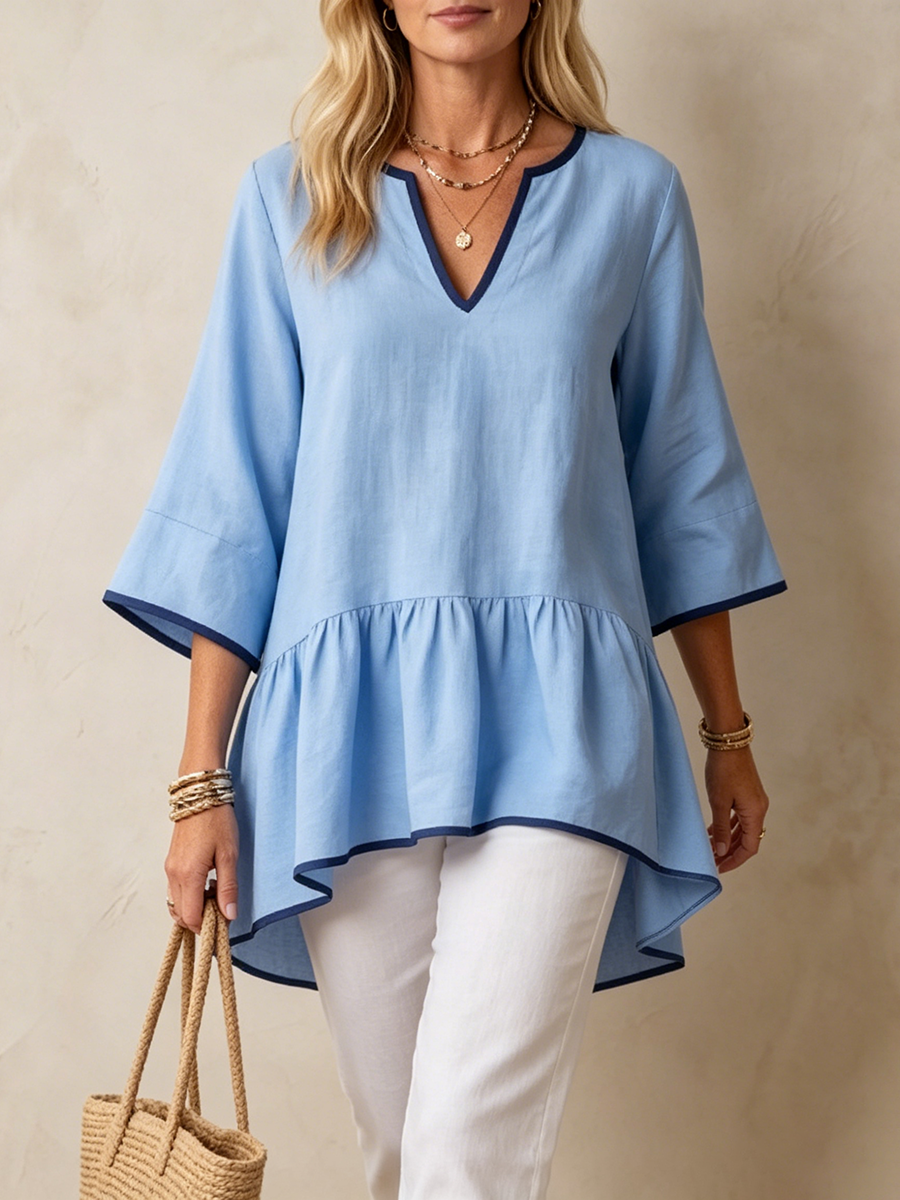 Sky Blue Tunic Top With Dark Blue Trim And Ruffled Hem