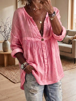 Women's Casual Loose Solid-color Long-sleeve Button-front Pullover Shirt
