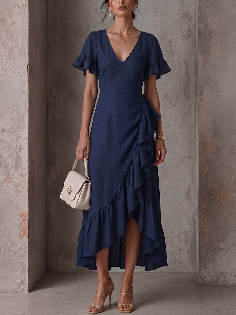 Women's Solid Color V-neck Short-sleeve Casual Loose Cotton-linen Ruffle Dress
