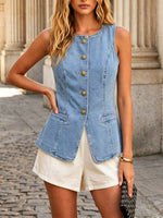 Women's Art Casual Button Stylish Denim Sleeveless Vest Shirt
