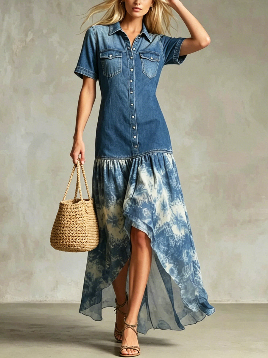Women's Retro Lapel Denim Patchwork Elegant Art Casual Maxi Dress