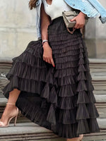 Women's Solid-color Elastic-waist A-line Tiered Mesh Skirt