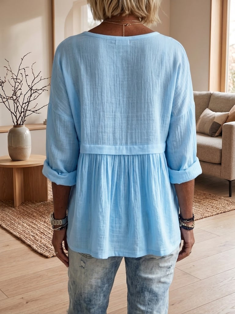 Women's Casual Loose Solid-color Long-sleeve Button-front Pullover Shirt