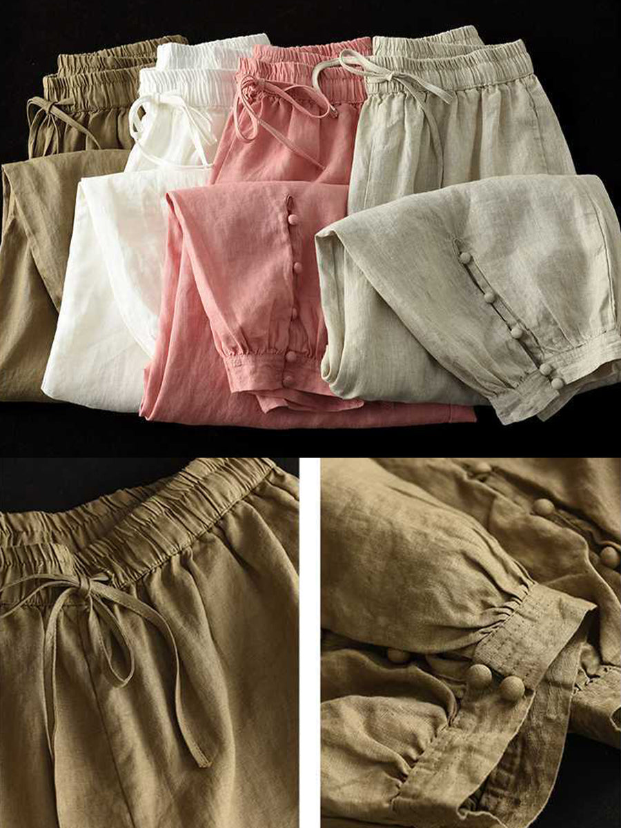 Casual Linen-cotton Cropped Trousers With An Elastic Waist