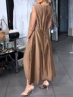 Stylish Tencel-cotton Sleeveless Dress Featuring Metal Chain Detailing.