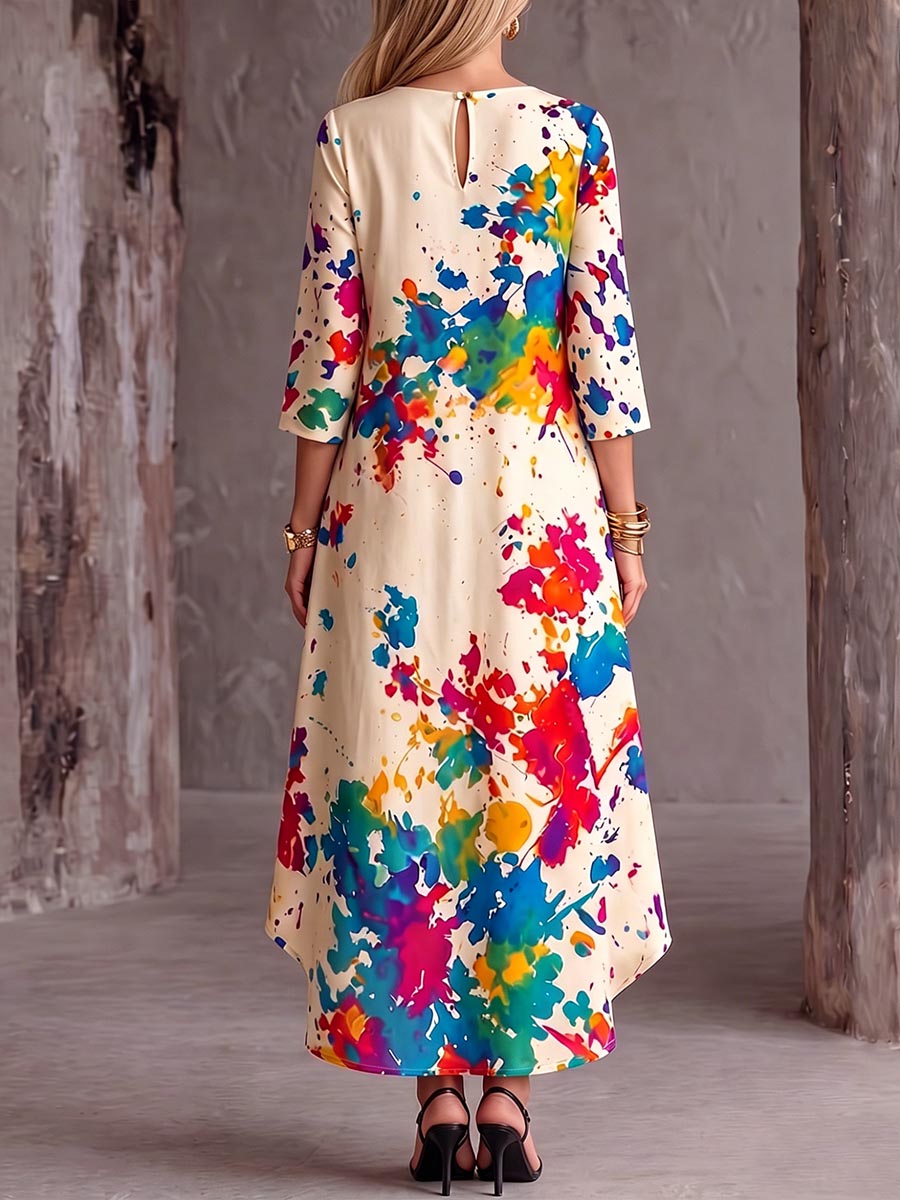 Women's Abstract Print Cotton-linen Dress – Casual Loose Fit, Crew Neck, 3/4 Sleeves