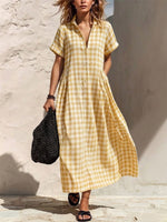 Loose And Comfortable Plaid Cotton-linen Shirt Dress