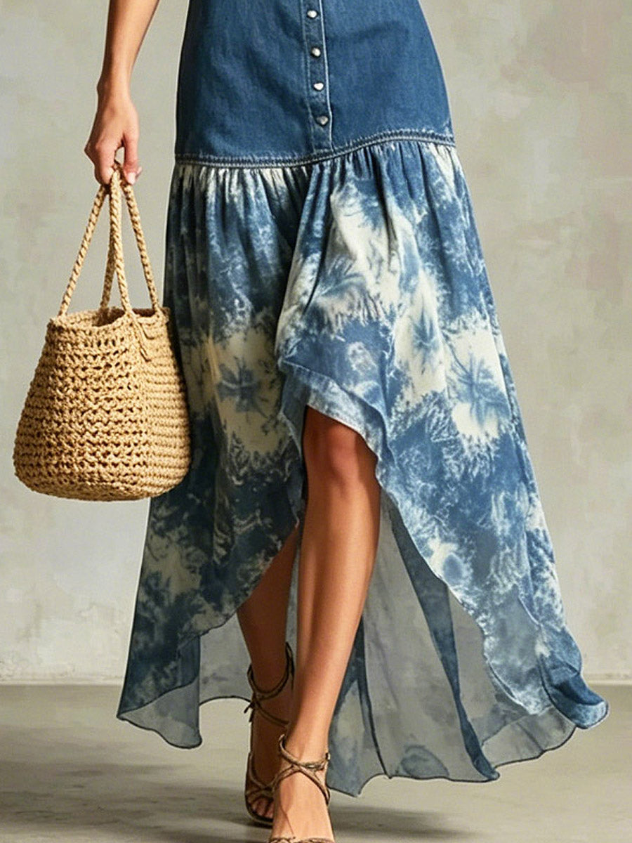 Women's Retro Lapel Denim Patchwork Elegant Art Casual Maxi Dress