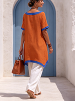 Boho-chic Cotton-linen Shirt With Contrast Trim