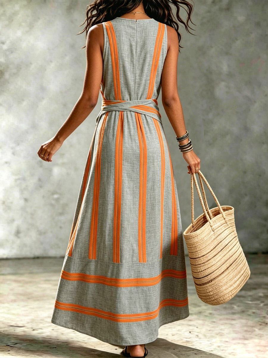 Women's Striped Art Casual Stylish V-collar Cotton Linen Maxi Dress