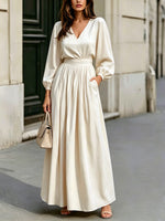 Women's Retro Art Casual Stylish V-collar Long Sleeve Maxi Dress