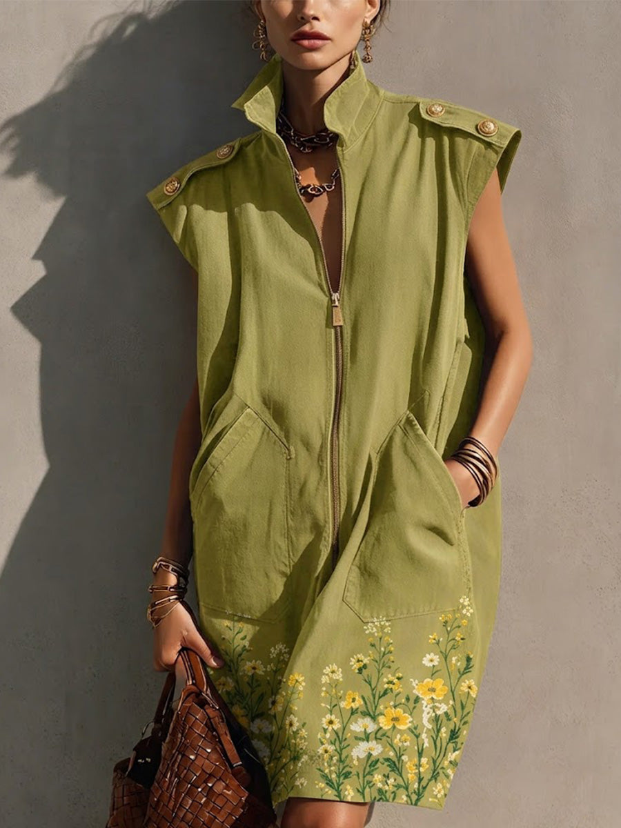 Sleeveless, Loose-fitting Dress Featuring A Stand Collar, Front Zipper, Shoulder Epaulettes, Large Patch Pockets, And A Floral Print At The Hem