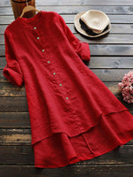 Women's Solid Color Stylish Art Casual Long Sleeve Cotton And Linen Dress