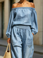 Women's Off-the-shoulder Art Comfortable Casual Top And Pants Denim Two-piece Set