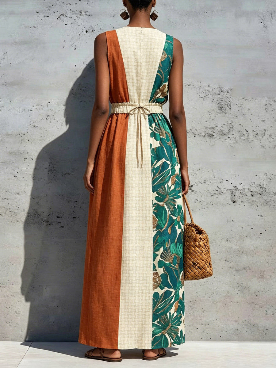 Women's Retro Floral Stylish Art Print Casual Sleeveless Cotton Linen Long Dress