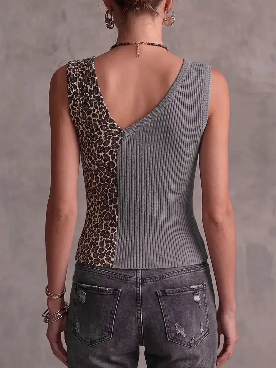 Edgy Thin Knitted Asymmetrical Leopard Tank Top