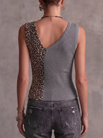 Edgy Thin Knitted Asymmetrical Leopard Tank Top