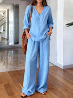 Women's Casual Long-sleeve V-neck Pullover & Pants Set – Washed Cotton (available In Multiple Colors)