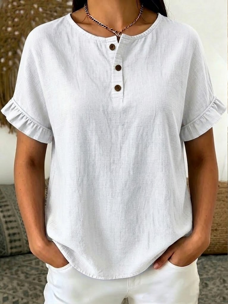 Minimalist Linen-cotton Short-sleeve Henley Top