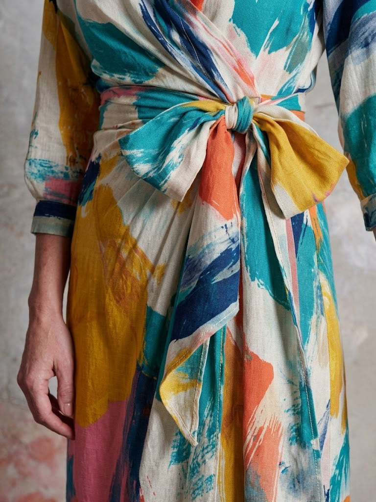 Linen-cotton Dress With Side-tie Waist And Artistic Brushstroke Print
