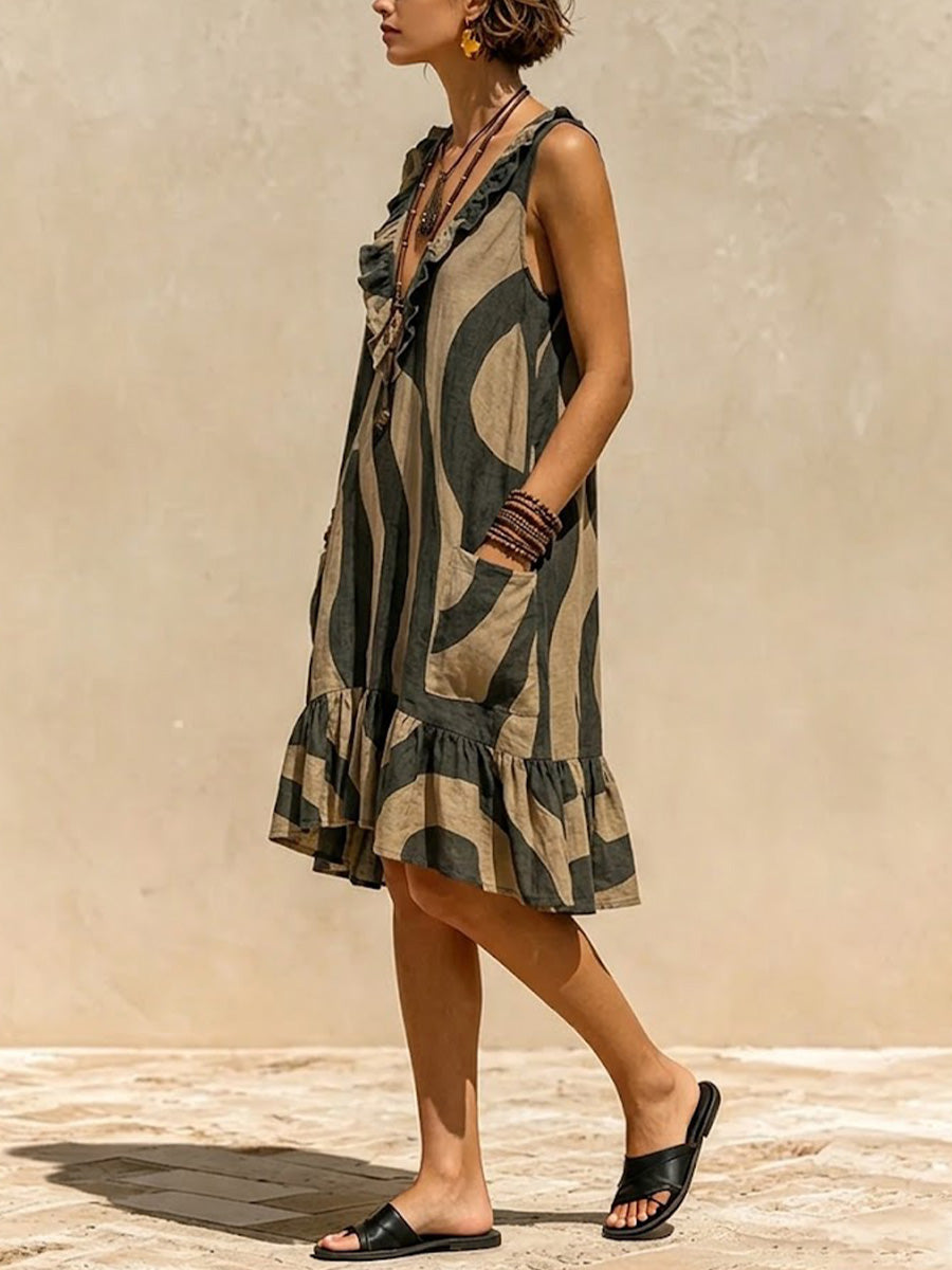 Loose Sleeveless V-neck Dress With Abstract Wave Print And Lettuce-edge Trim