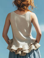 Women's Ruffle Hem Art Casual Stylish Sleeveless Cotton Linen Shirt