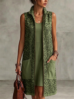 Two-piece Set Featuring An Olive Green Leopard-print Long, Sleeveless Zip-front Vest Dress And A Solid-colored Tank Dress.