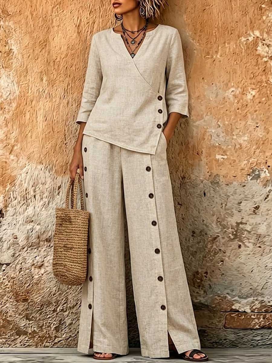 Women's Solid-color Cotton-linen Set: Casual Loose V-neck 3/4-sleeve Top And High-waisted Wide-leg Pants