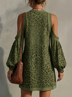 Leopard Print Off-shoulder Cropped Dress With Half-zip And Lantern Sleeves (loose Fit)