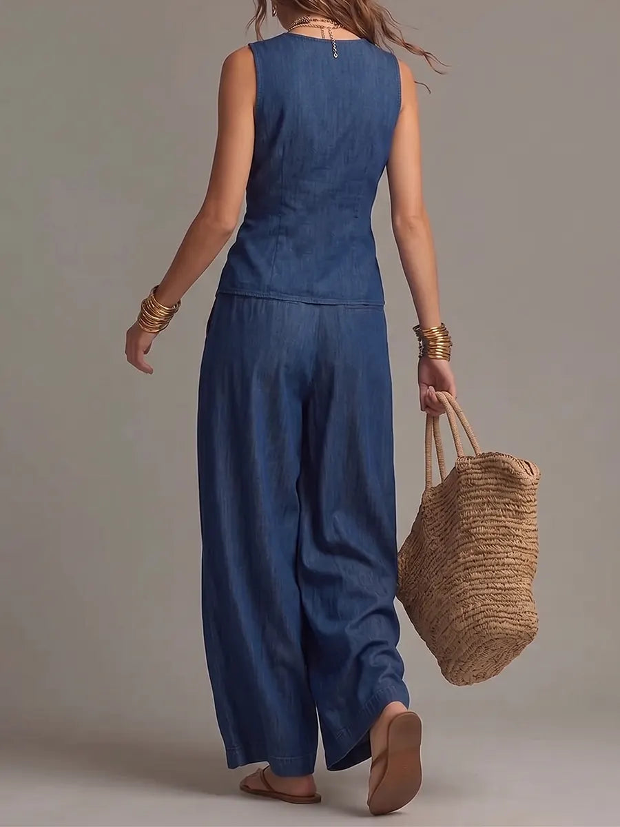 Chic Tancel Denim Knotted V-neck Top & Flowing Wide-leg Pants