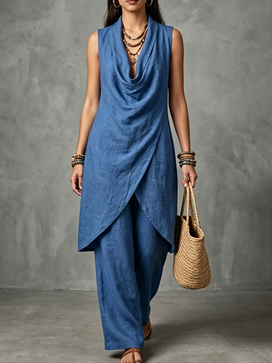 Minimalist Elegant Cowl-neck Cotton-linen Two-piece Set