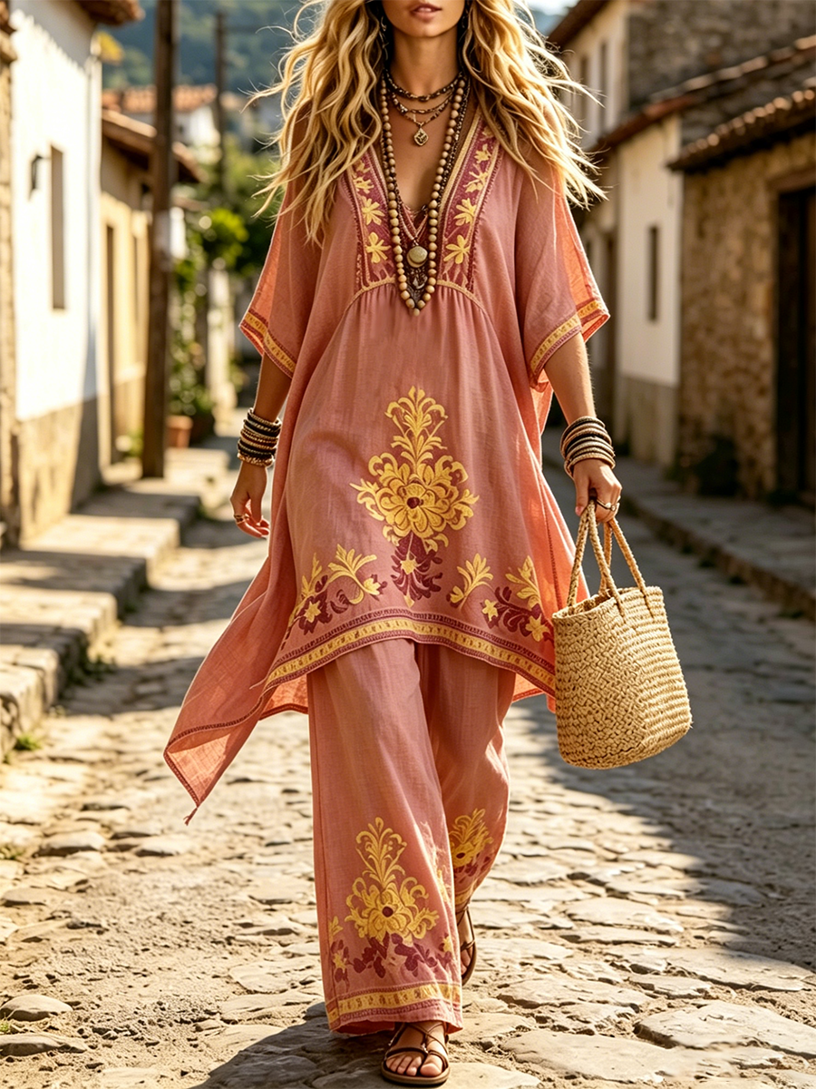 Bohemian V-neck Cotton-linen Vacation Two-piece Set