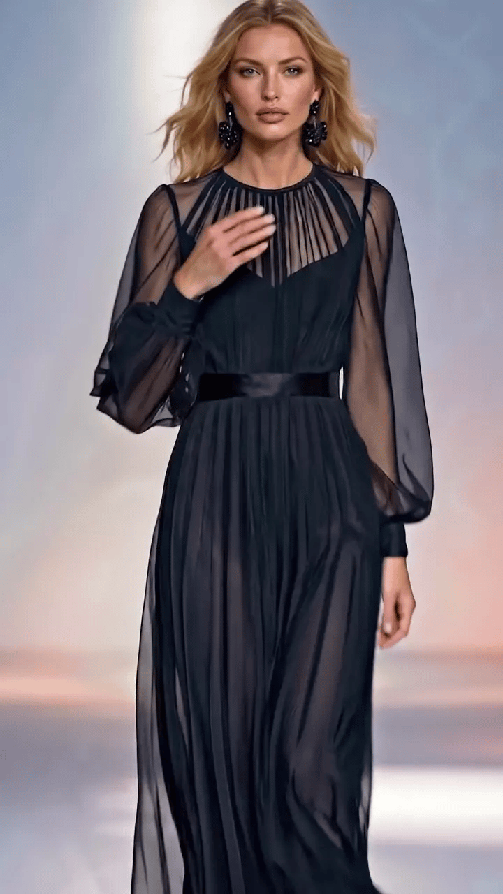 French-style Sophisticated Black Fitted Mesh Two-piece Dress