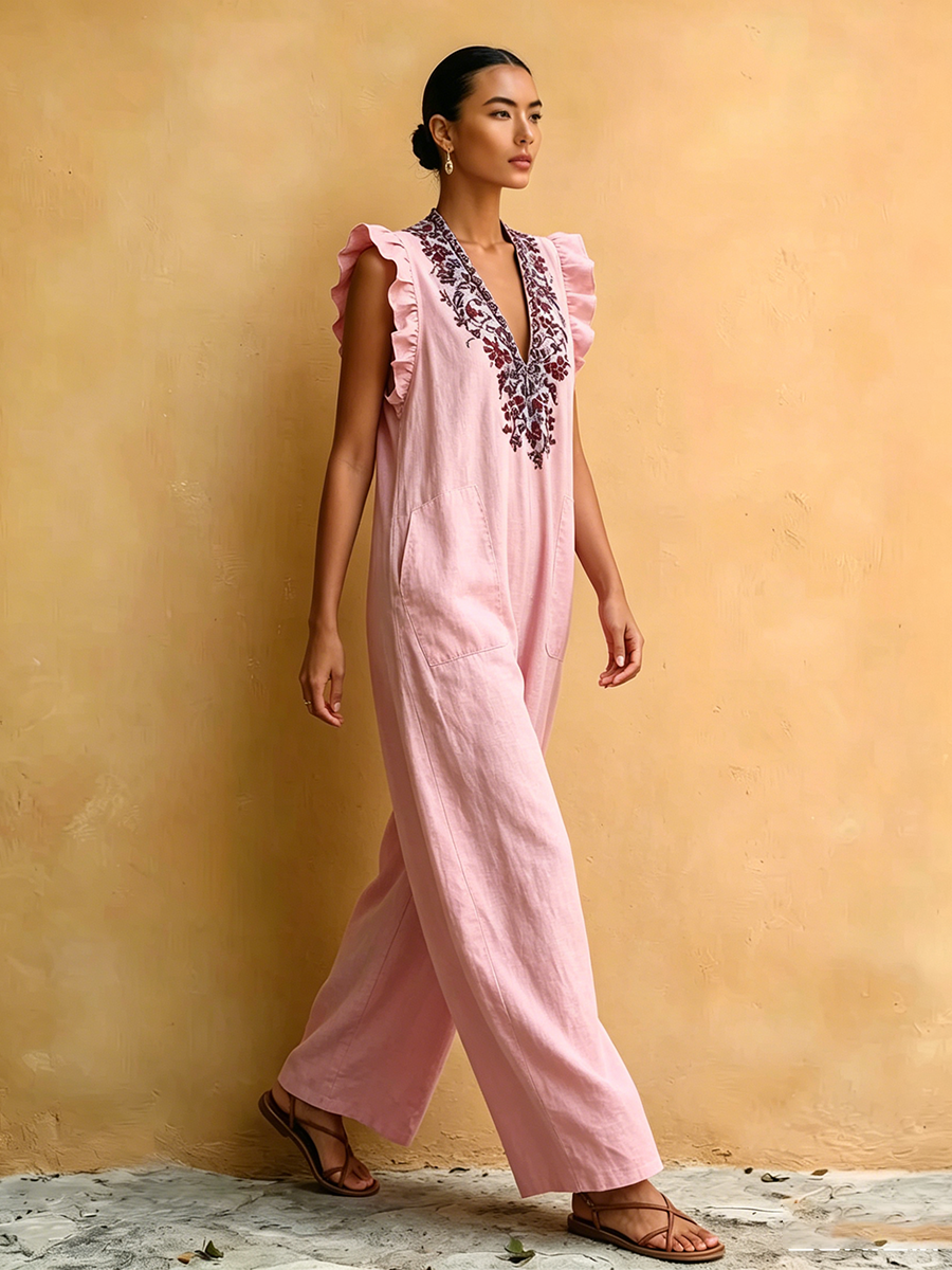 Bohemian Floral Print Comfortable Cotton-linen Jumpsuit
