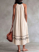 Women's Casual Loose Linen Sleeveless Dress With Placement Print And Slouchy Collar