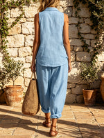 Women's Casual Stylish Lapel Top And Pants Cotton And Linen Two-piece Set