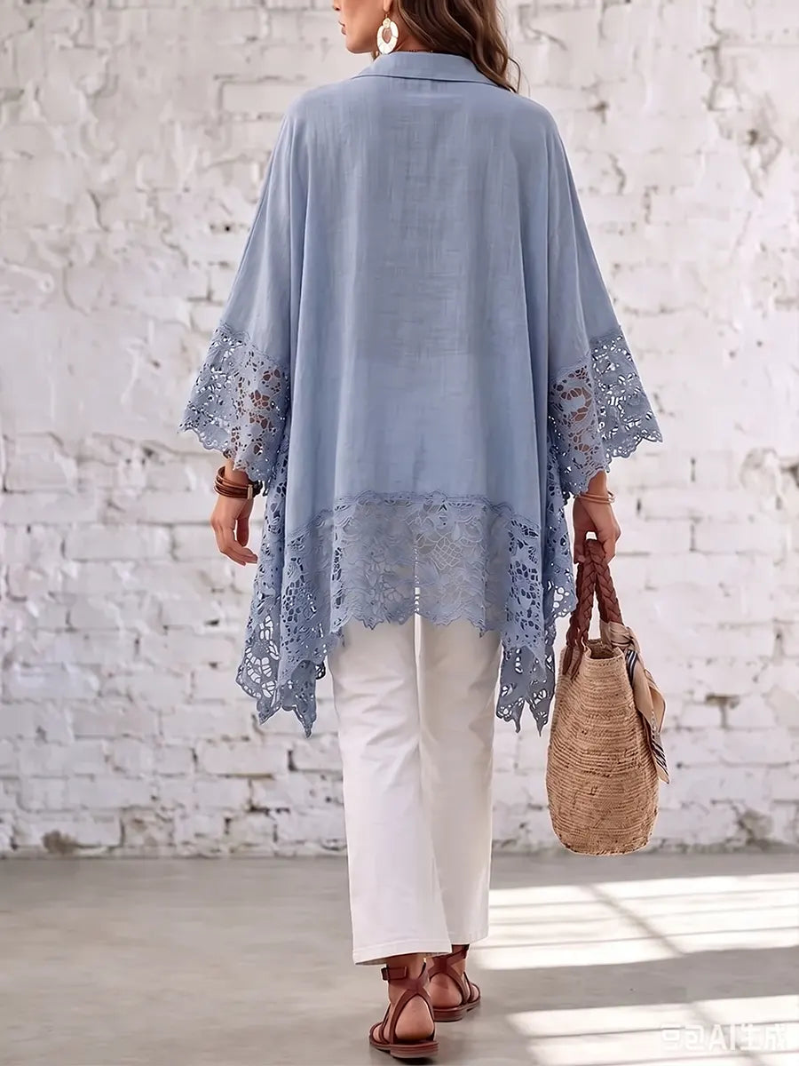 Elegant Lace-Trimmed Asymmetrical Tunic Blouse