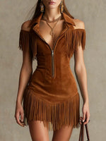 Women's Retro Hot Off-shoulder Fringe Art Zip Casual Short Dress