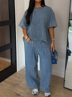 Casual Vintage-style Washed Denim Two-piece Set (top And Pants)