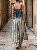 Effortless Ruffled Crop Top & Striped Wide-Leg Set