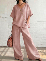 Women's Solid Color Casual Stylish Top And Wide Leg Pants Two-piece Set