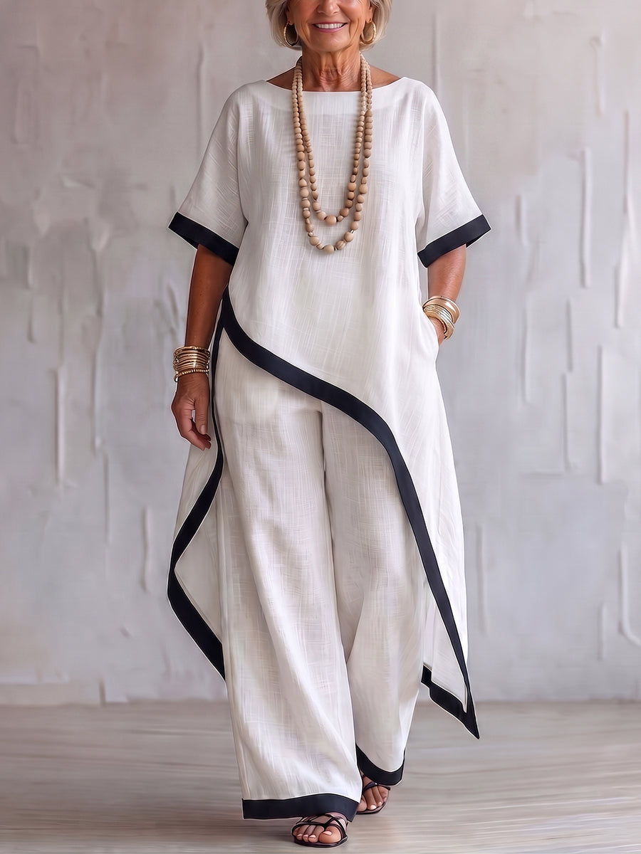 Timeless Elegance – Contrast-trim Cotton-linen Two-piece Set