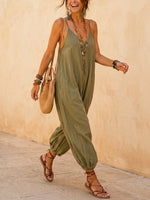 Women's Casual Loose Sleeveless Pockets Cotton And Linen Jumpsuit