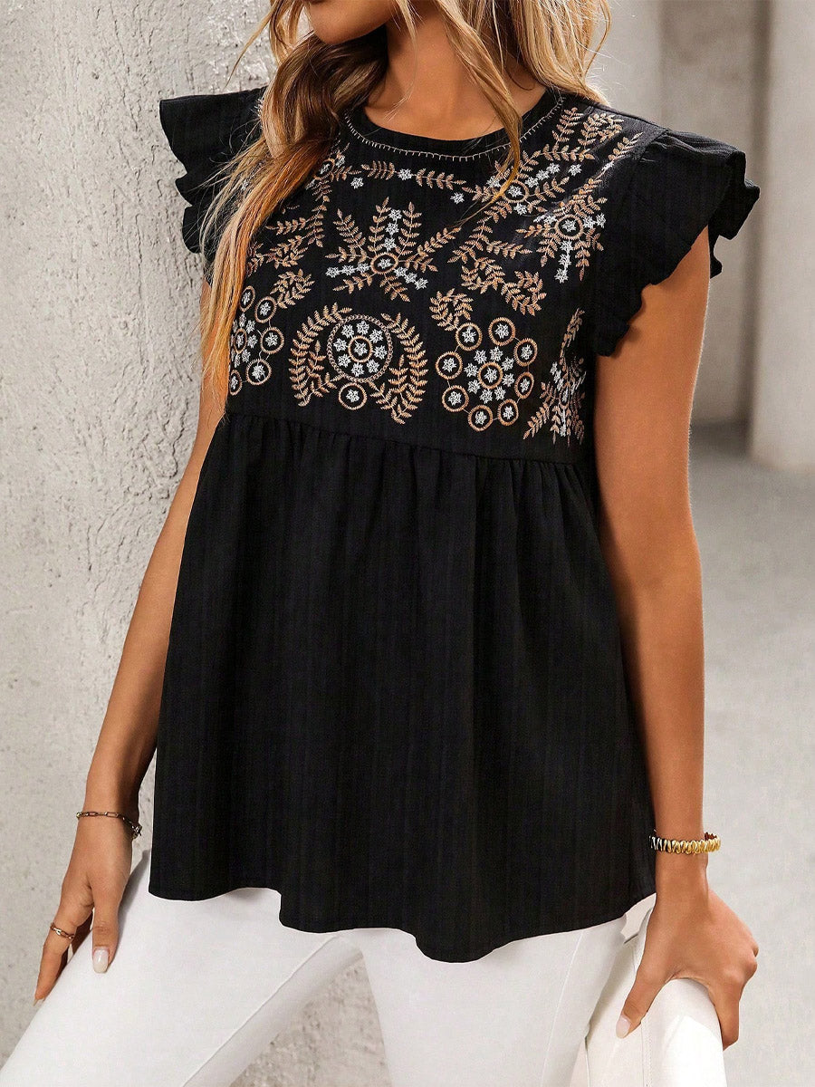 Women's Casual Ruffled Stylish Embroidered Art Round Collar Loose Shirt