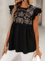 Women's Casual Ruffled Stylish Embroidered Art Round Collar Loose Shirt