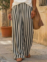 Women's Cowl Neck Art Comfortable Casual Top And Striped Pants Cotton Linen Two-piece Set