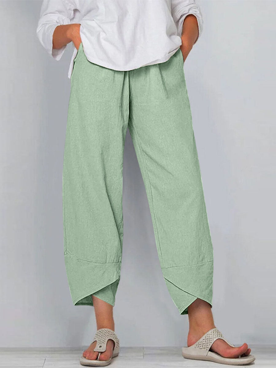 Women's Solid Color Stylish Loose-fit Casual Cropped Cotton And Linen Pants