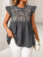 Women's Casual Ruffled Stylish Embroidered Art Round Collar Loose Shirt